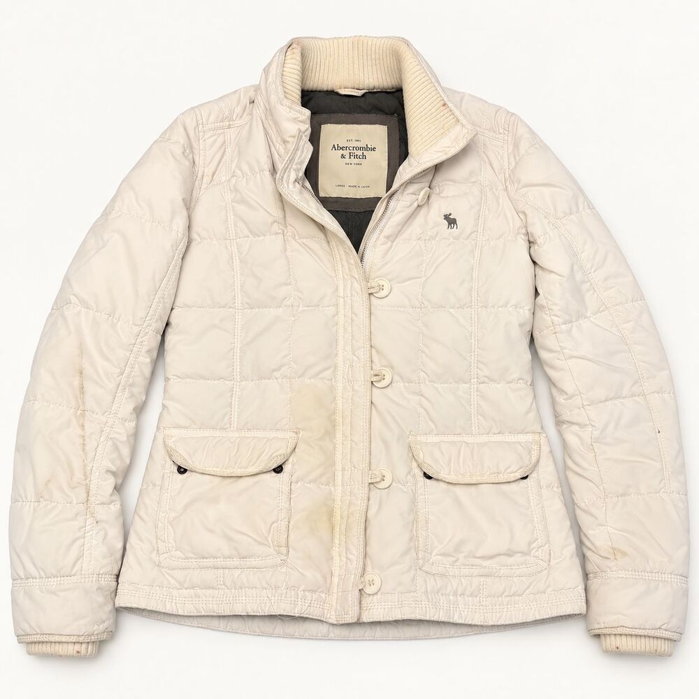 Abercrombie & Fitch Quilted Puffer Jacket Large White Moose Logo Button Zip